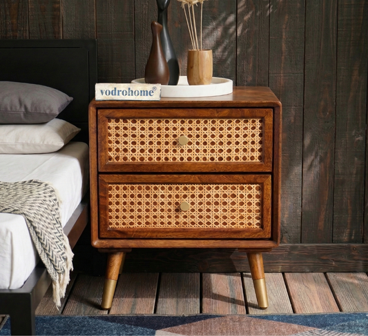 Vodrohome Solid wood rattan bedside table - two drawers bed side end table night stand 45x35x50 cm S#020