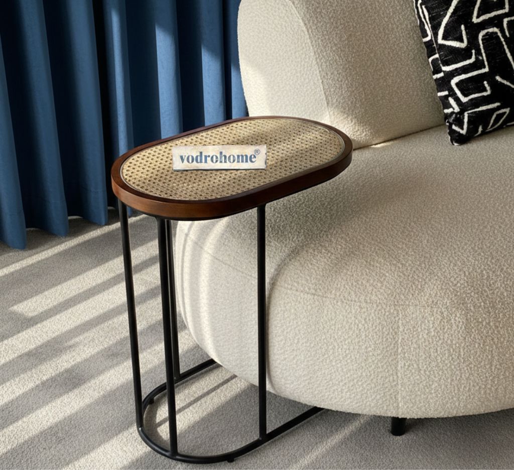 Vodrohome rattan cane side table with glass top – bohemian solid mango wood cane iron sofa side end table – cane end table for living S#049