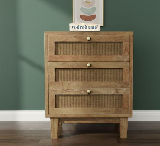Vodrohome Solid wood rattan night stand table - three drawers bed side table night stand 47x50x62 cm S#029