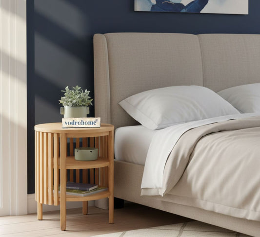 Vodrohome solid wood slatted side table with natural deco –bedsite with open shelf round end table 45x45x55 cm S#054