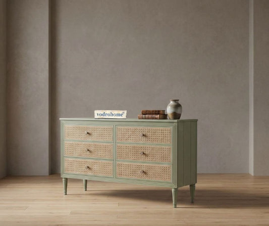 vodrohome solid wood side board with six drawers – sage green chest of drawer with 6 drawers - SUMMER GARDEN CHEST OF DRAWERS 137x41x79 CM SB#003