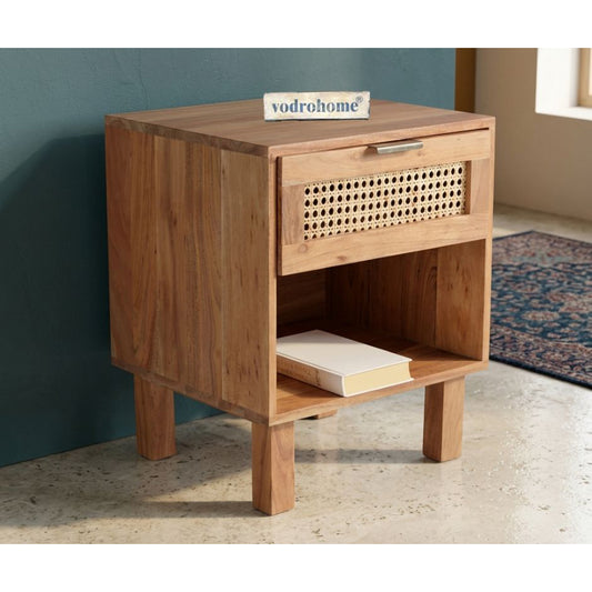 Vodrohome Acacia wood bedside table with 1 drawers and an open compartment –modern style night stand 45x40x55 cm S#052