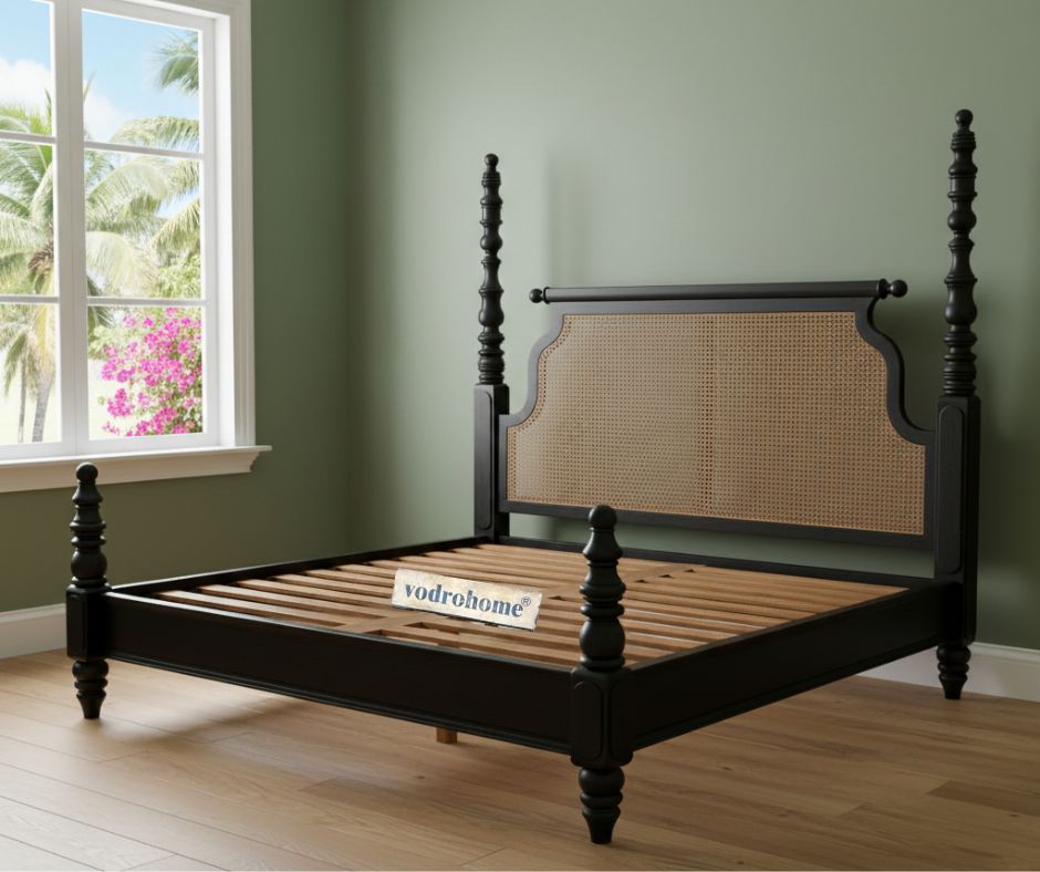 Vodrohome Ashley Solid Wood Rattan Poster Bed with Carving (Natural cane & Black) B#017