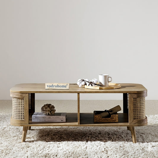 vodrohome Rattan Coffee Table With storage – cane center table with shelf for storage – bohemian solid mango wood coffee table for office and living room C#061
