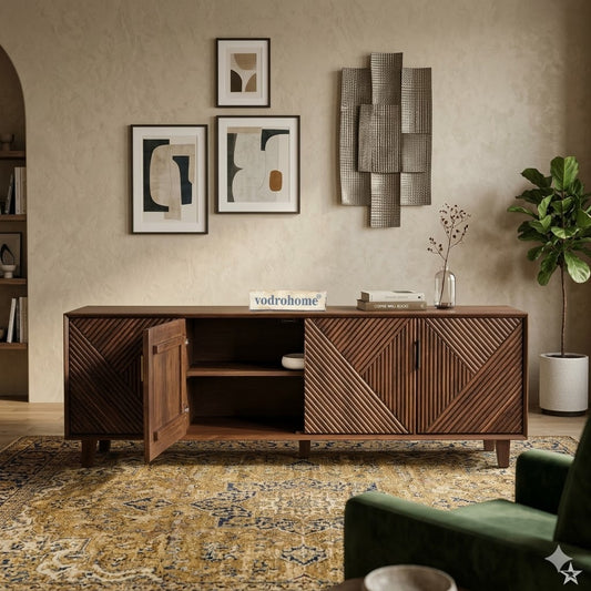 vodrohome luxury tv unit cabinet with geometrical design– solid sheesham wood tvc– tv consol table with set up box shelf TV#014