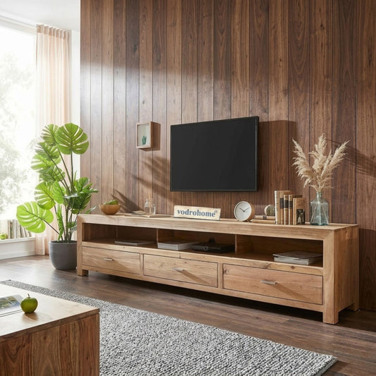 vodrohome tv unit cabinet with 3 drawers – solid sheesham wood entertainment unit - tv consol table with open set up box shelf 175 x 41 x 43 cm TV#024