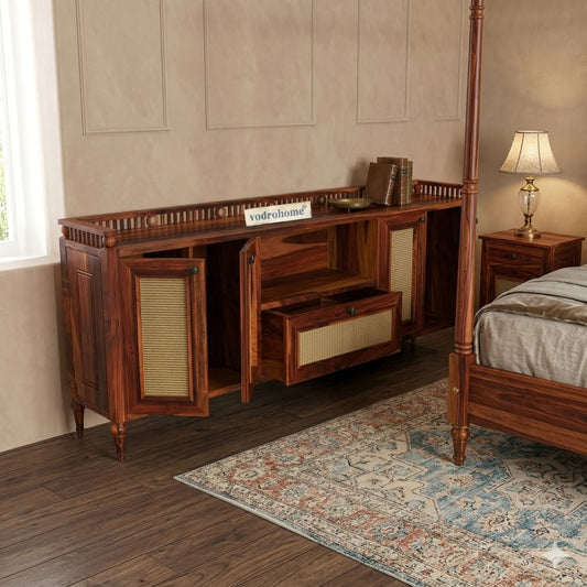 vodrohome jaipur style tv unit cabinet with slatted door multi compartments– solid sheesham wood tvc honey finish – luxurious tv consol table with set up box shelf 147 x 45 x 53 cm TV#023