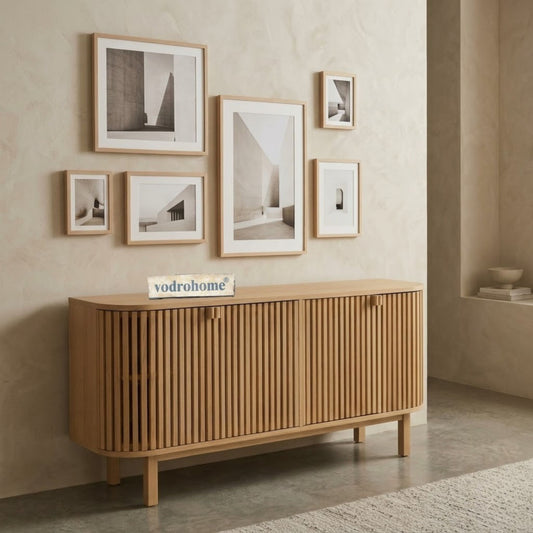 vodrohome modern tv unit cabinet natural finish – solid mango wood slatted tvc – tv consol table with set up box with storage TV#030