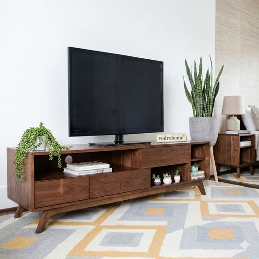 vodrohome modern tv unit cabinet with three drawer and four open compartments – solid acacia wood tvc in honey finish 160x35x50 cm TV#005