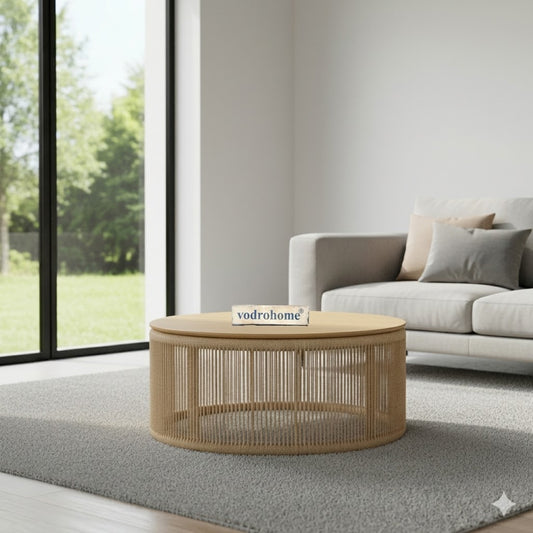 vodrohome rattan coffee table – jute weaving center table in natural finish – bohemian solid mango wood coffee table for office and living room C#064