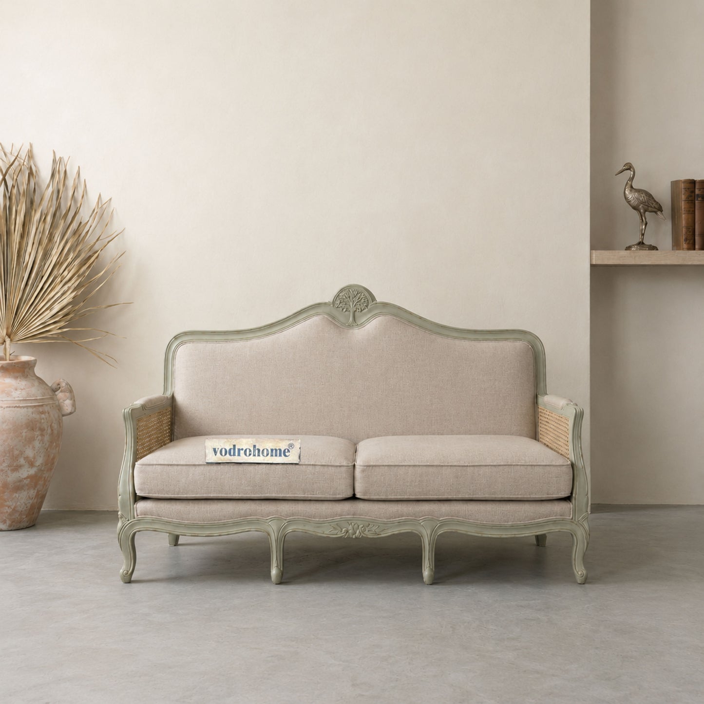 vodrohome three seater rattan cane sofa with wooden frame sage green finish-summer garden sofa SO#009
