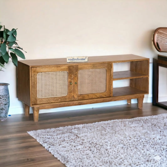 vodrohome tv unit cabinet with slatted door compartment natural – solid mango wood tvc – tv consol table with set up box shelf 120 x 35 x 52 cm TV#016