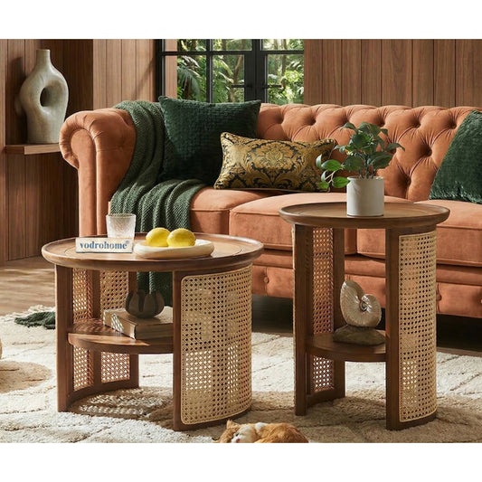 vodrohome Rattan Coffee Table with side table – cane center table with shelf for storage – bohemian solid Mango wood set of center and side table office and living room C#038