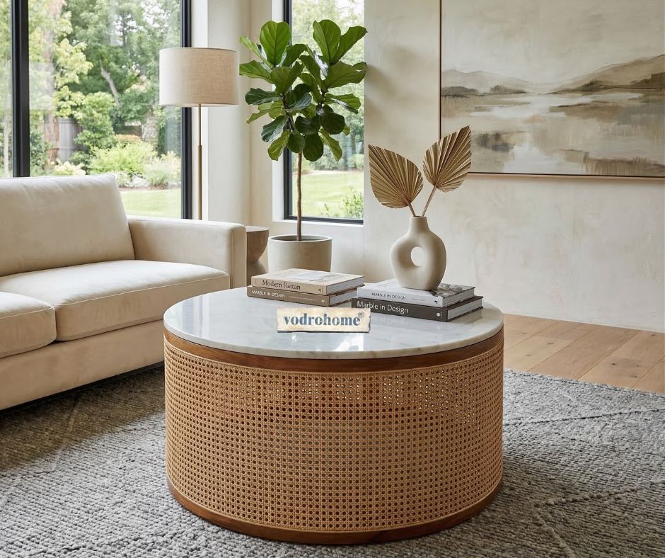 vodrohome rattan coffee table with wheels– sheesham wood marble top coffee table C#076