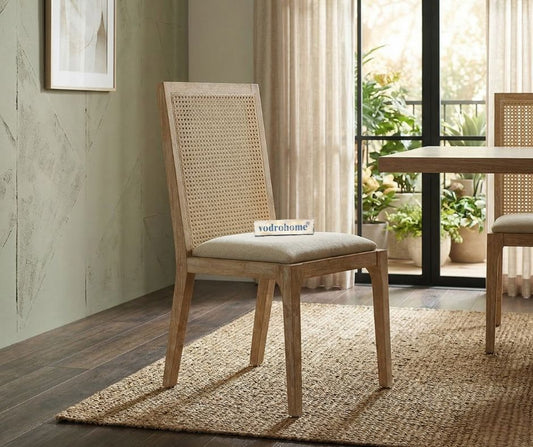 vodrohome Rustic Fabric Upholstered mango Wood and Cane Dining Chairs, Beige and Natural 48x40x91cm CH#0016