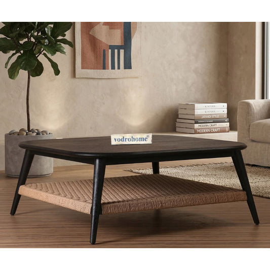 vodrohome guthai coffee table – bohemian center table with jute hand weaving shelf - mango wood gujrati sofa set table teapoy C#039