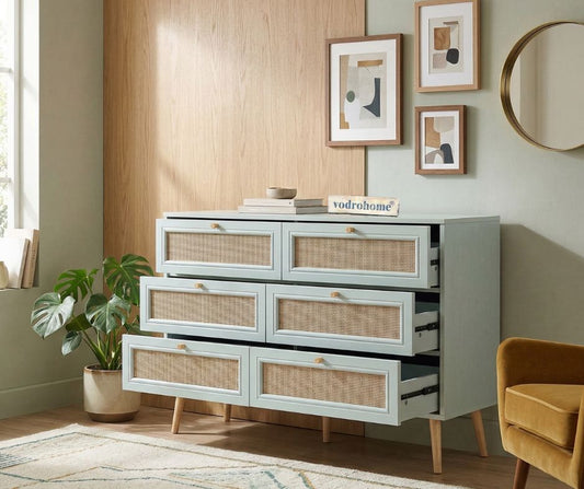 vodrohome solid wood side board with six drawers – sage green chest of drawer with 6 drawers - Woven Rattan 6 Drawer Dresser with soft closer SB#006