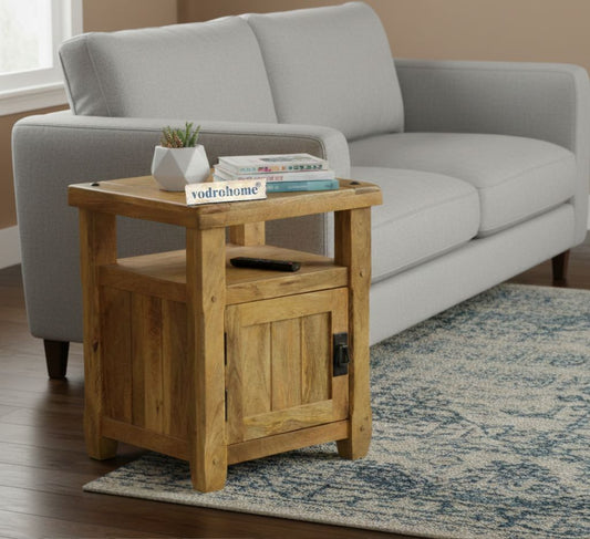 Vodrohome 1 Door 1 Open Shelf Bedside in Mango Natural Finish – Industrial Style Night Stand Side Table