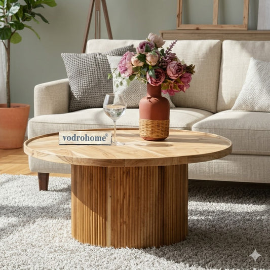 Vodrohome Fluted Center Table – Elegant Sheesham Wood Coffee Table for Modern Living Rooms