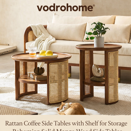 Vodrohome Rattan Coffee Side Table with Shelf for Storage – Bohemian Solid Mango Wood Side Table for Office and Living Room (S#045)