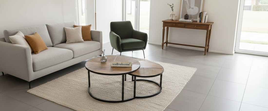 Vodrohome cane nesting coffee table - rattan round centre table with storage – set of 2 mango wood center table
