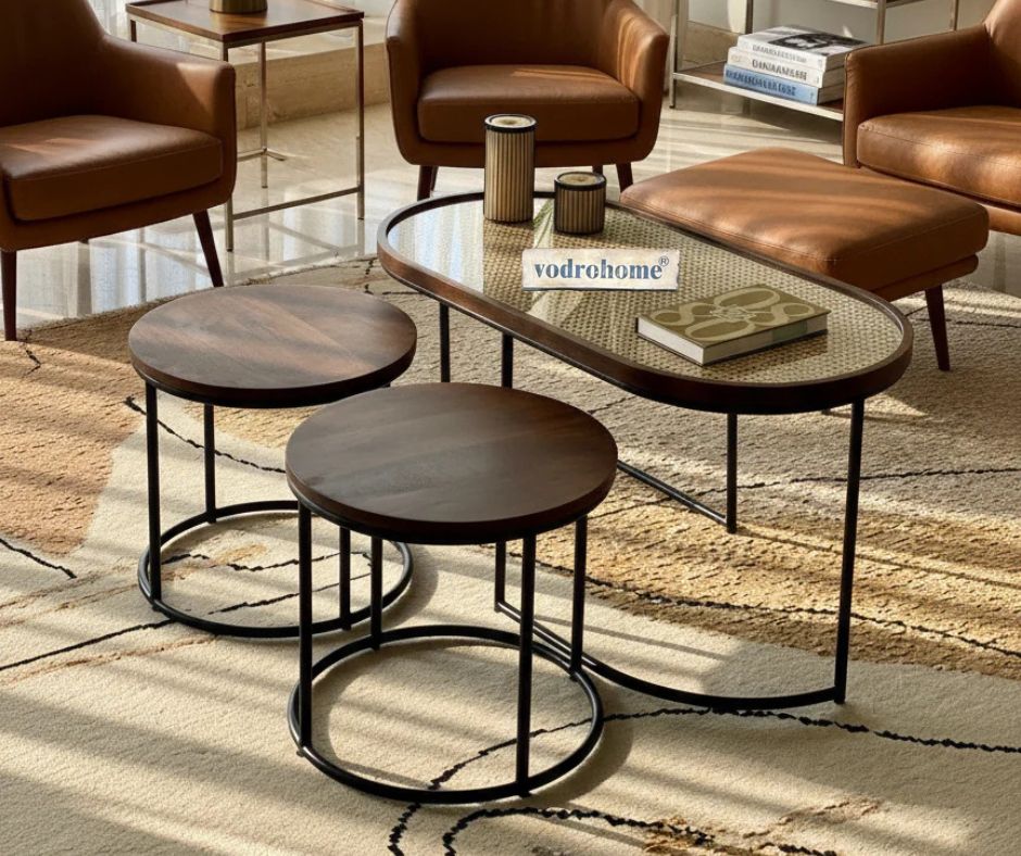 Vodrohome Charcoal Rattan Cane Center Table with Glass Top – Elegant Nesting Coffee Table Set