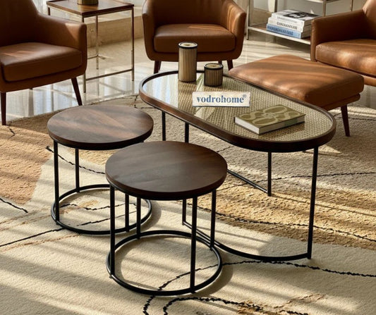 Vodrohome Charcoal Rattan Cane Center Table with Glass Top – Elegant Nesting Coffee Table Set