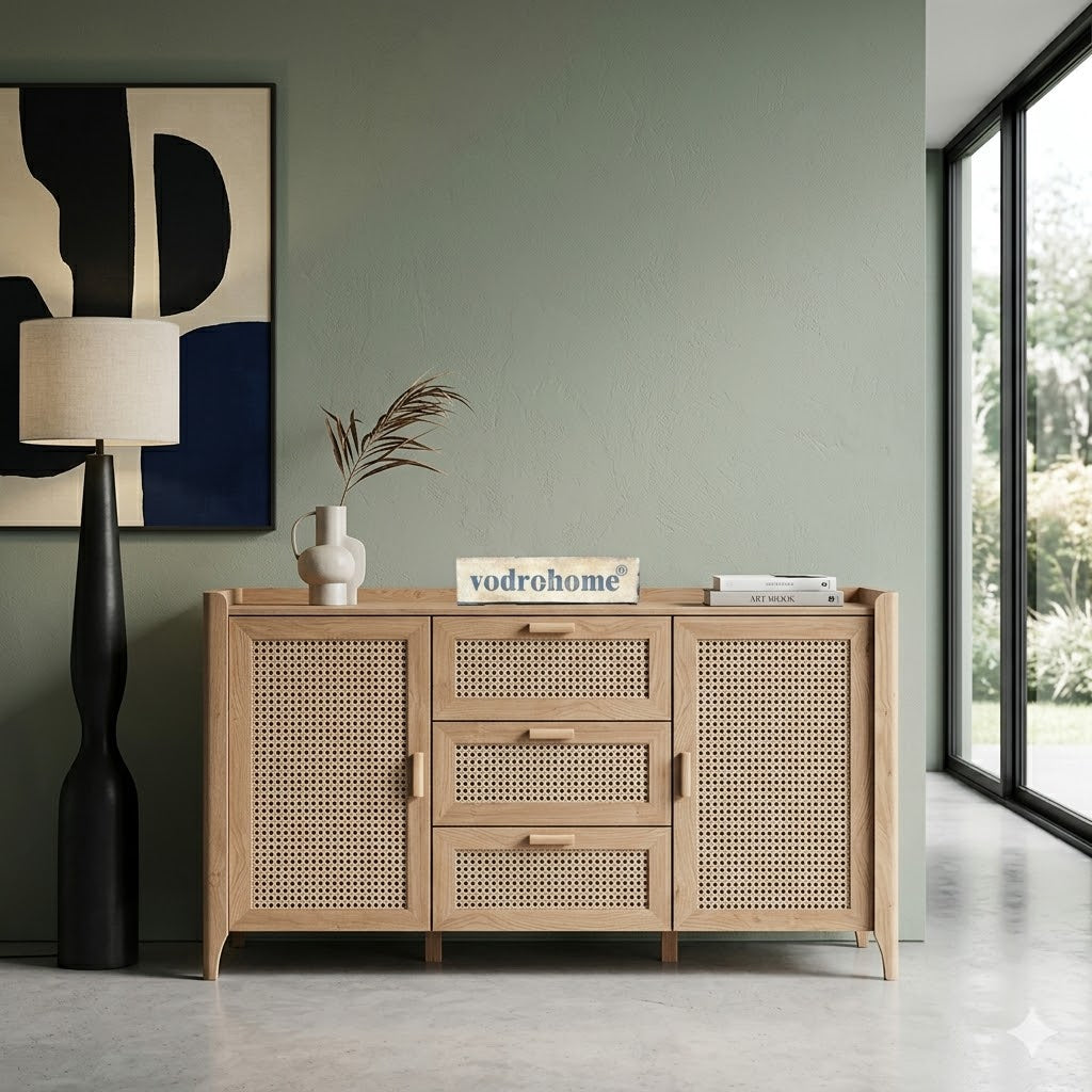 Vodrohome Solid Wood Mango Crockery Unit – Summer Garden Dresser with Drawers & Rattan Cane Side Board