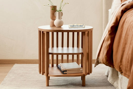 Vodrohome Solid Wood Slatted Side Table with Natural Finish – Bedside Table with Open Shelf Round End Table