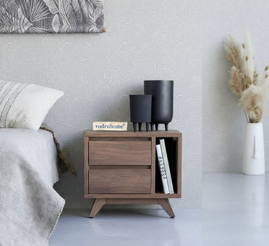 vodrohome Acacia Wood Bedside Table with 2 Drawers and an Open Compartment – Perfect Blend of Style & Storage