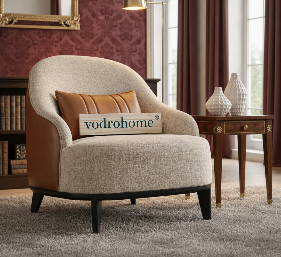 vodrohome® Blair Arm Chair – Cotton Fabric Comfortable Lounge Chair with Wooden Legs – Leather Arm Chair