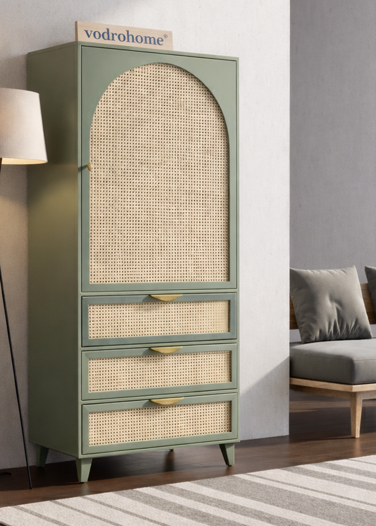 vodrohome® Bue Sage Green Mango Wood & Rattan Wardrobe – Hawamahal Collection Almirah with Soft Closure Drawer