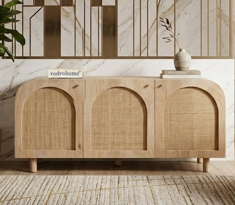 vodrohome Mango Wood Rattan Cane TV Unit Console – Hawamahal Collection Cane Side Board – Natural Cane TV Cabinet