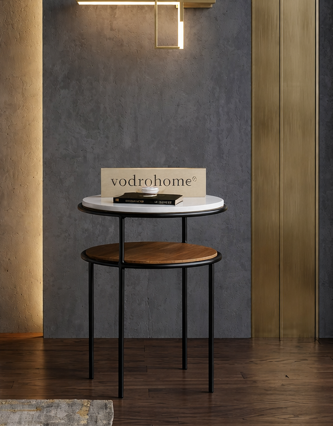 vodrohome® Marble Top Side Table – Mango Wood Side Table Marble Top End Table with Iron Base