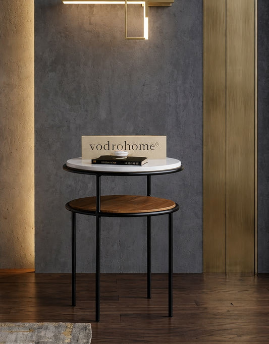 vodrohome® Marble Top Side Table – Mango Wood Side Table Marble Top End Table with Iron Base