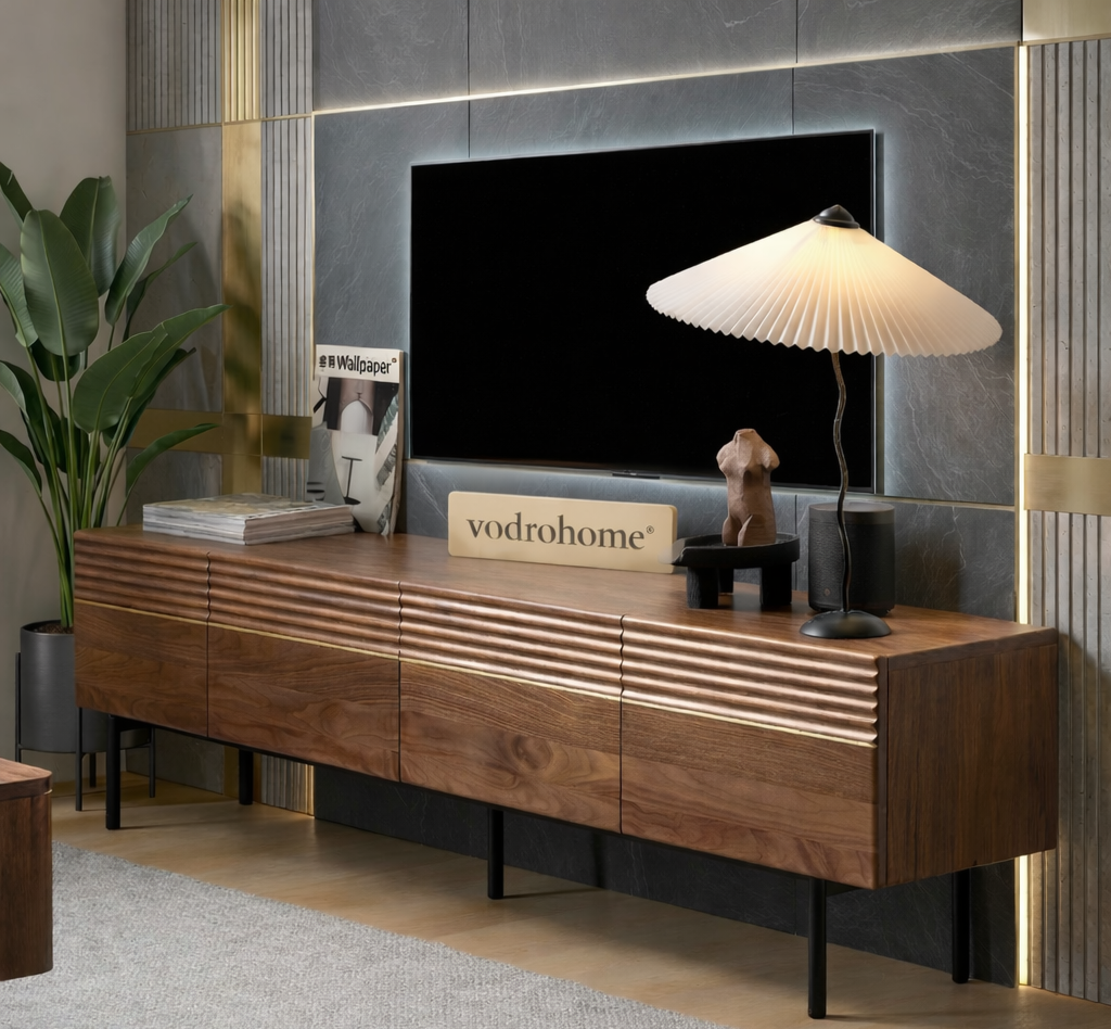 vodrohome® Modern TV Unit Cabinet Walnut Finish – Solid Acacia Wood TVC in – TV Consol Table with Set Up Box Shelf TV