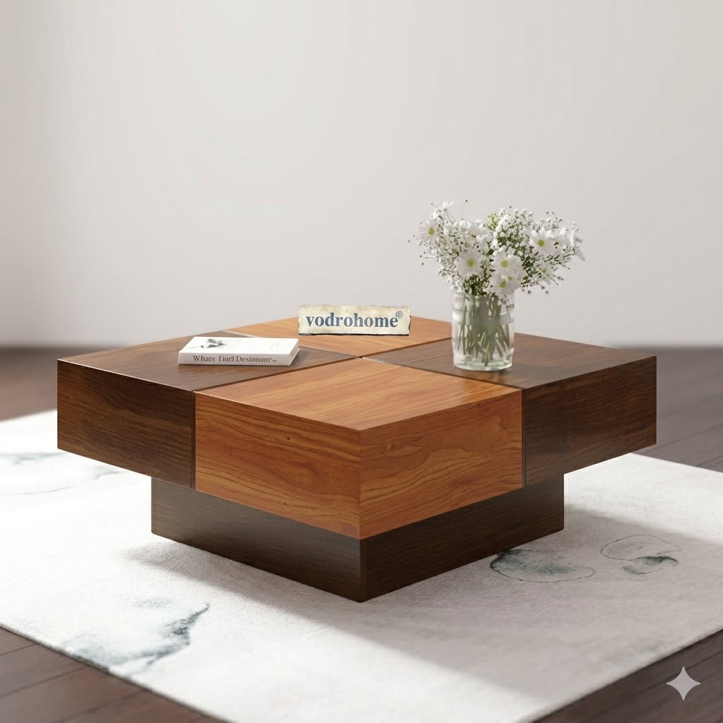 vodrohome Sheesham Wood Square Coffee Table for Living Room – Teak Finish Pedestal Tea Table