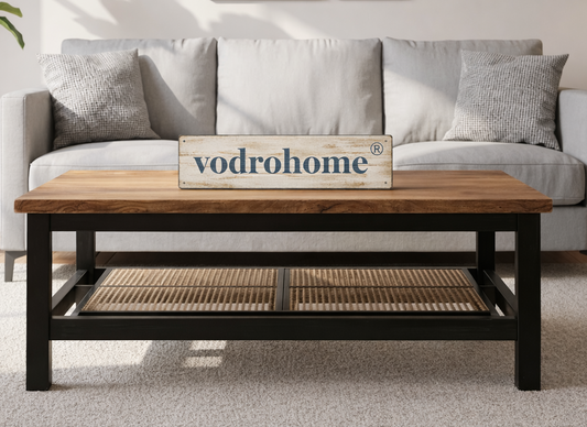 vodrohome® Solid Mango Wood Coffee Table with Rattan Cane – Rectangle Centre Table Ideal Tea Table for Living Rooms