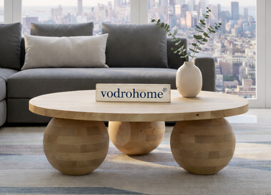 vodrohome® Solid Mango Wood Modern Coffee Table – Round Coffee Table with Ball Shape Base – Bohemian Solid Wood Coffee Table for Office and Living Room
