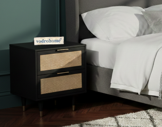 vodrohome® Solid Wood Rattan Bedside Table – Two Drawers Bed Side End Table