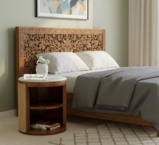 vodrohome® Solid Wood Rattan Side Table with Marble Top – Stylish Cane Bedside Table