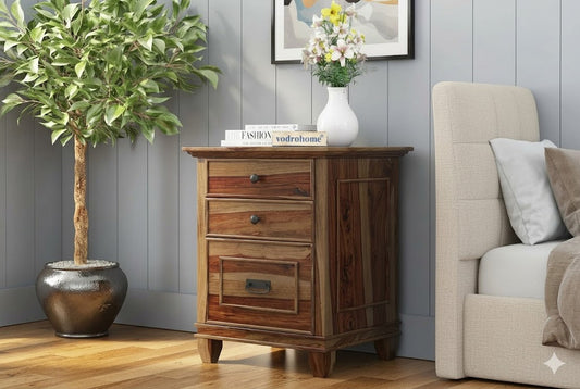 vodrohome Solid Sheesham Wood Night Stand Table Modern – Three Drawers Bed Side Table