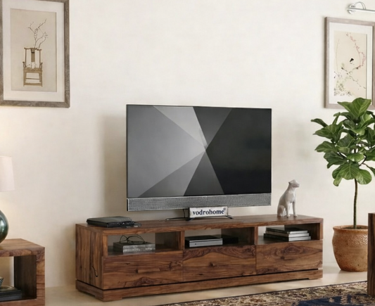 vodrohome® TV Unit Cabinet with 3 Drawers – Solid Sheesham Wood Entertainment Unit