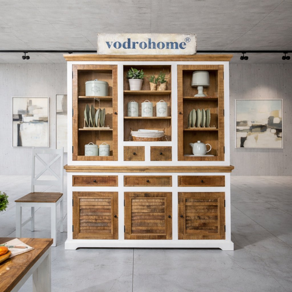 Vodrohome white wave mango wood crockery cabinet | large hutch cabinet | kitchen storage furniture in dual tone –two part display unit