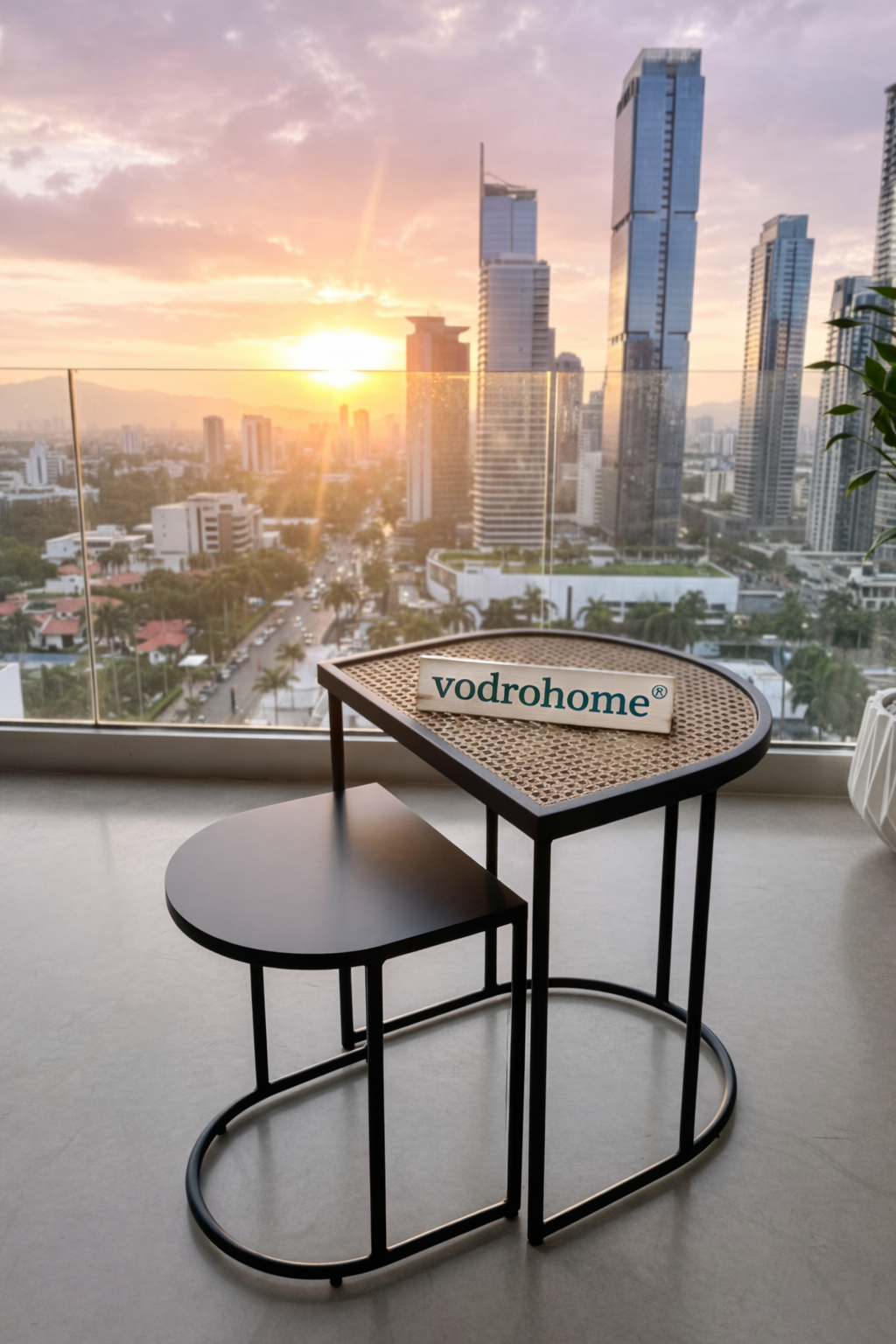 vodrohome® Charcoal Rattan Cane Side Table with Glass Top