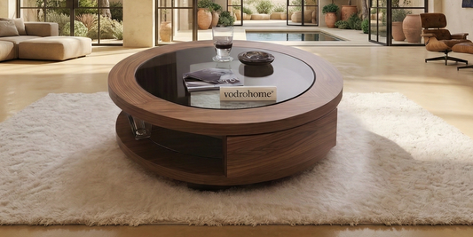 vodrohome® Glass Top Acacia Wood Center Table – Modern Style Teapoy Stand for Office and Living Room