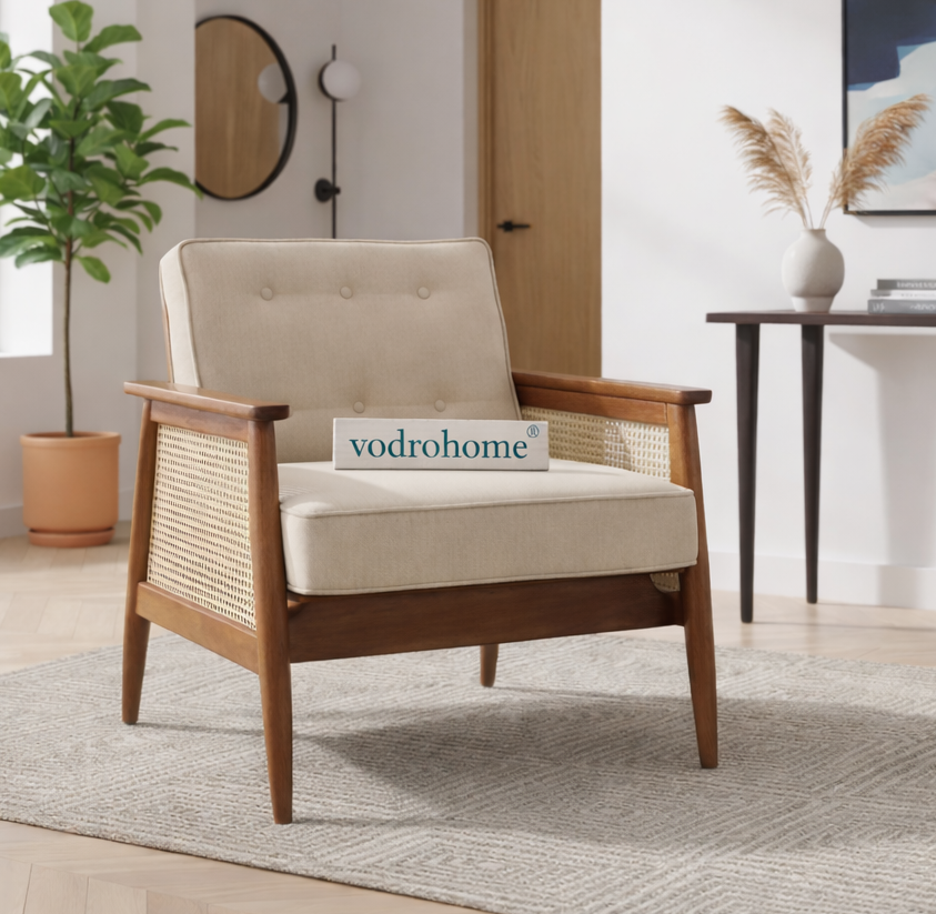 vodrohome® Marwar Upholstered Arm Chair Cum Sofa – Mango Wood and Cane Accent Chair for Elegant Living