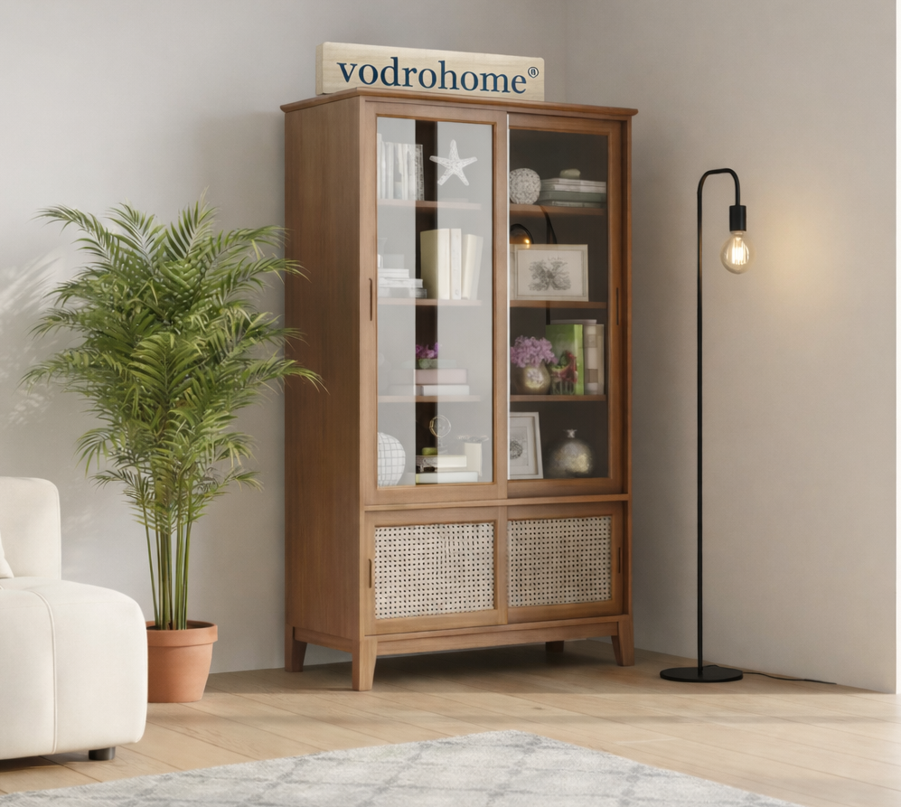 vodrohome® Solid Wood Crockery Cabinet | Sliding Door Book Shelf