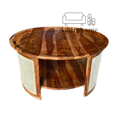 Vodrohome Rattan Coffee Table – cane center table with shelf for storage – bohemian solid Sheesham wood coffee table for office and living room C#063