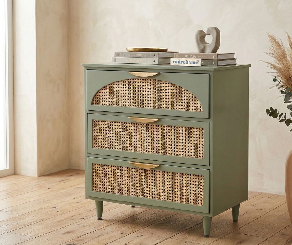 vodrohome Bue Sage Green Mango Wood & Rattan Chest of Drawers - Hawamahal collection cane chest of drawer with 3 drawers 70 W x 45 D x 78 H cm SB#005